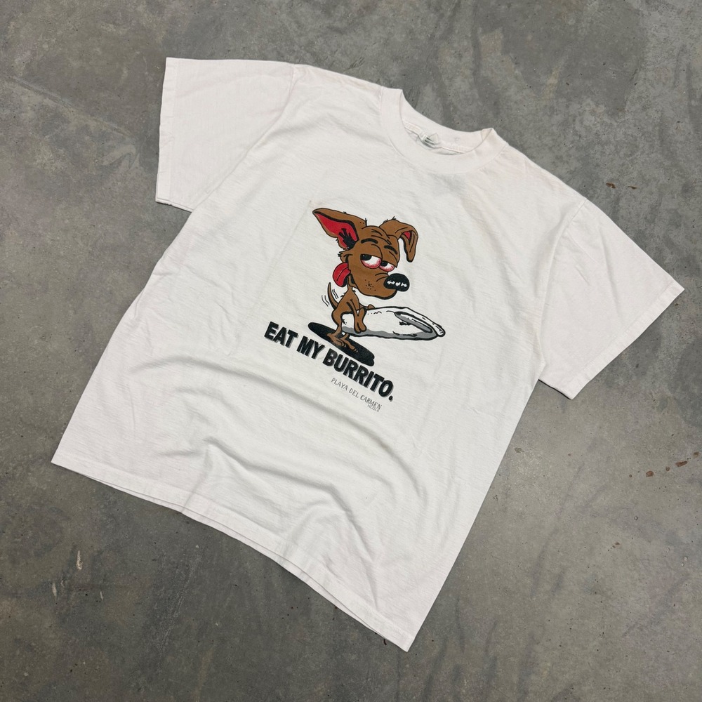 90s Mens Reef Eat My Burrito‎ Playa Del Carmen Graphic T-Shirt XL